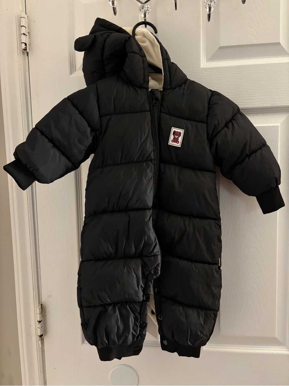 Black Puffer Baby Snowsuit with Bear Patch